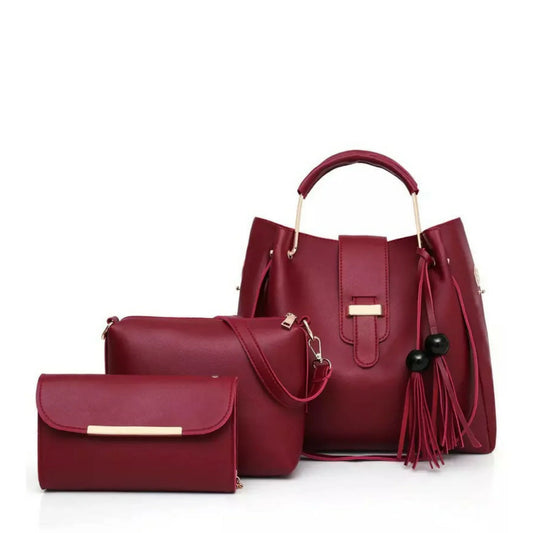 Maroon 3 Piece Ladies Handbag Set